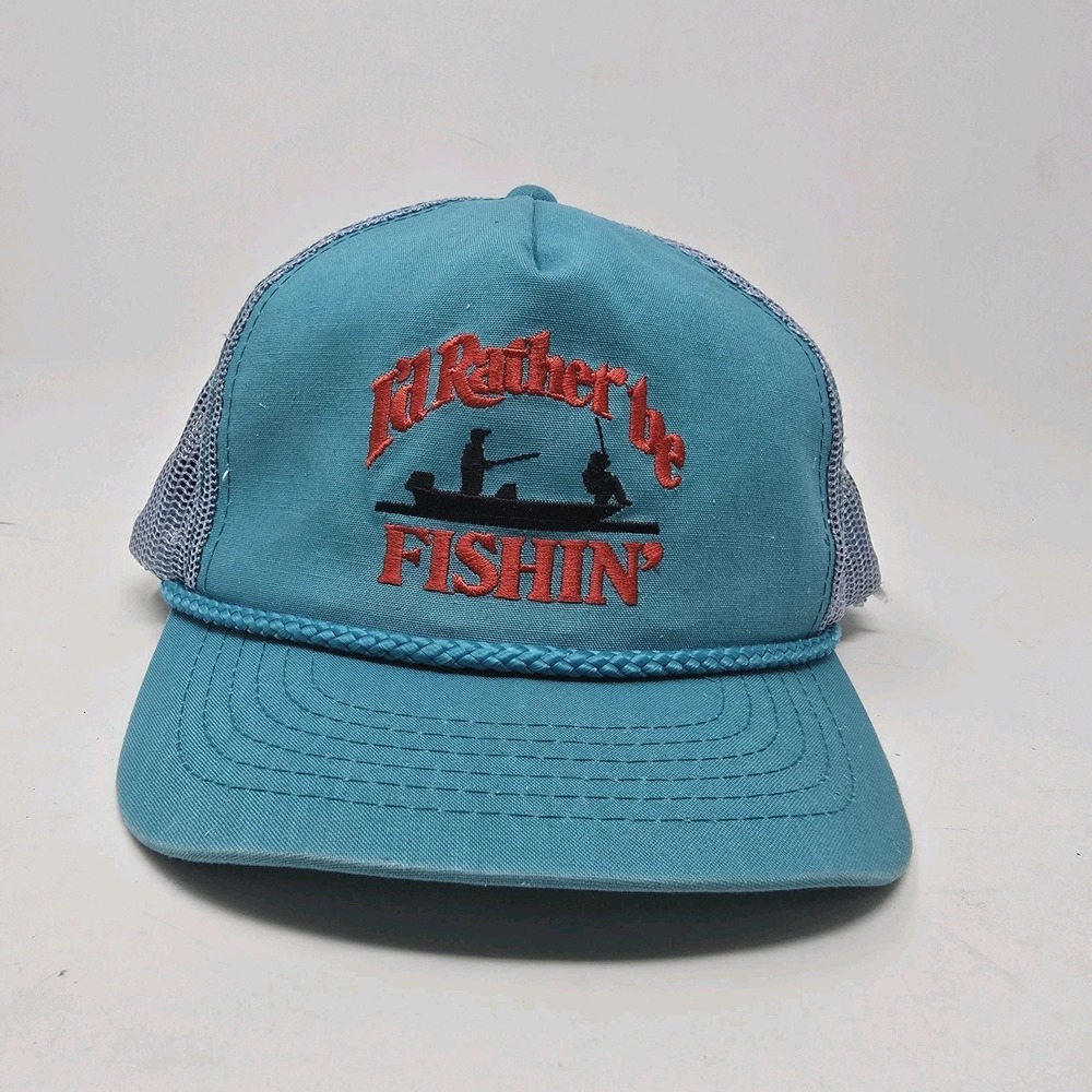 Id Rather Be Fishin' Trucker Rope‎ Hat Mens Blue Adjustable Vintage 90s Fishing